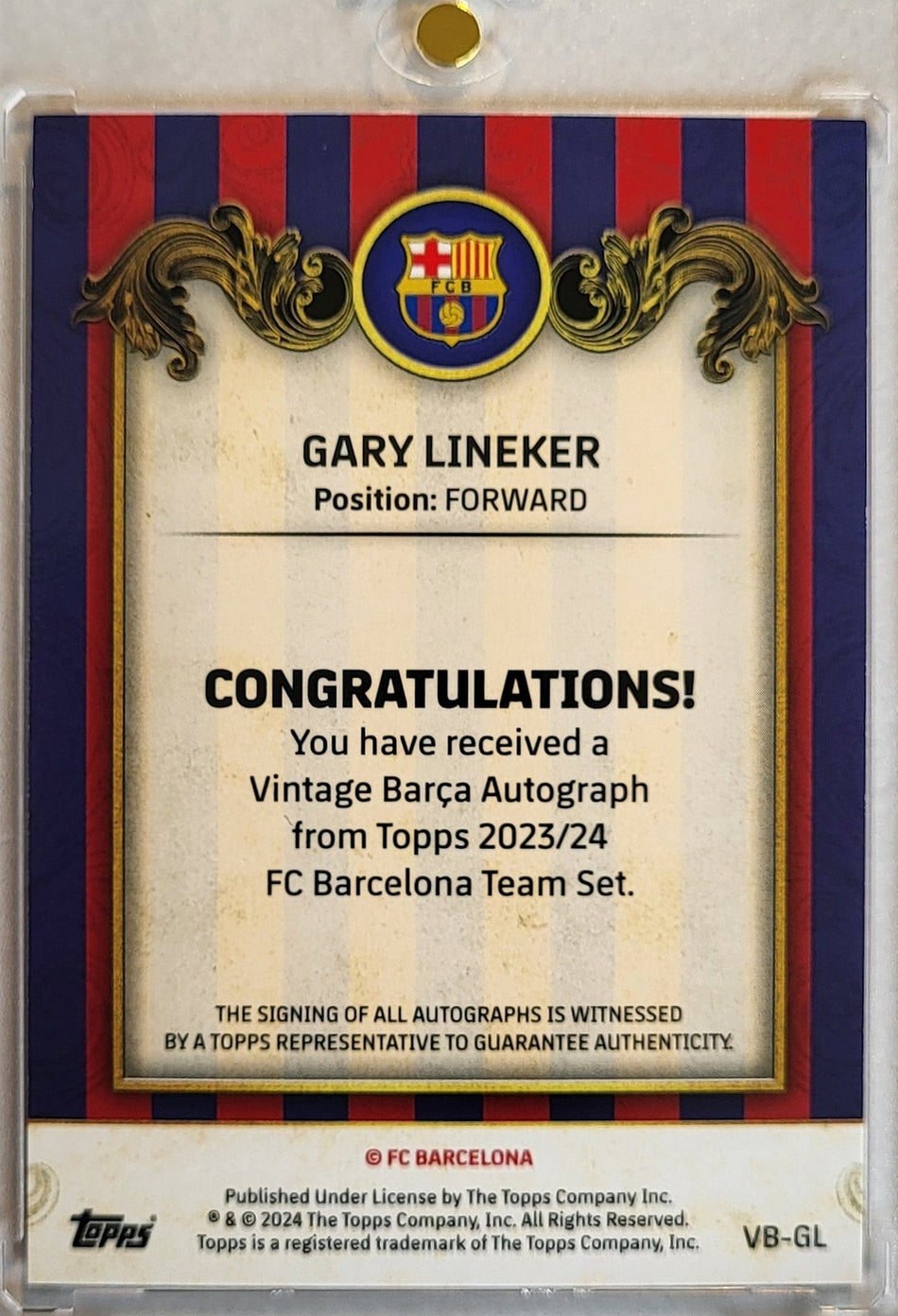 Gary Lineker - 2024/24 - Panini FC Barcelona Team Set - Auto /99