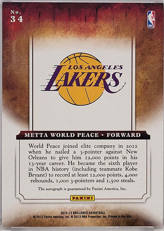 Ron Artest (Metta World Peace) - 2012/13 Panini Brilliance - Auto /25