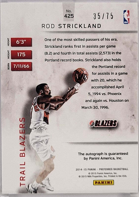 Rod Strickland - 2014/15 Panini Preferred - on card Auto /75