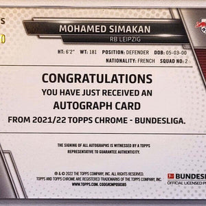Mohamed Simakan - 2021/22 - Topps Chrome Rookie Card - Auto /150