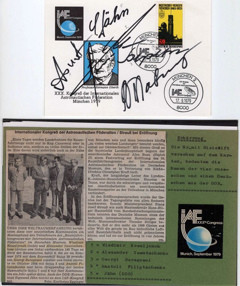 Ersttagsbrief signiert Jähn, Beregowoi, Kowalkjonok, Filiptschenko, Iwantschenko