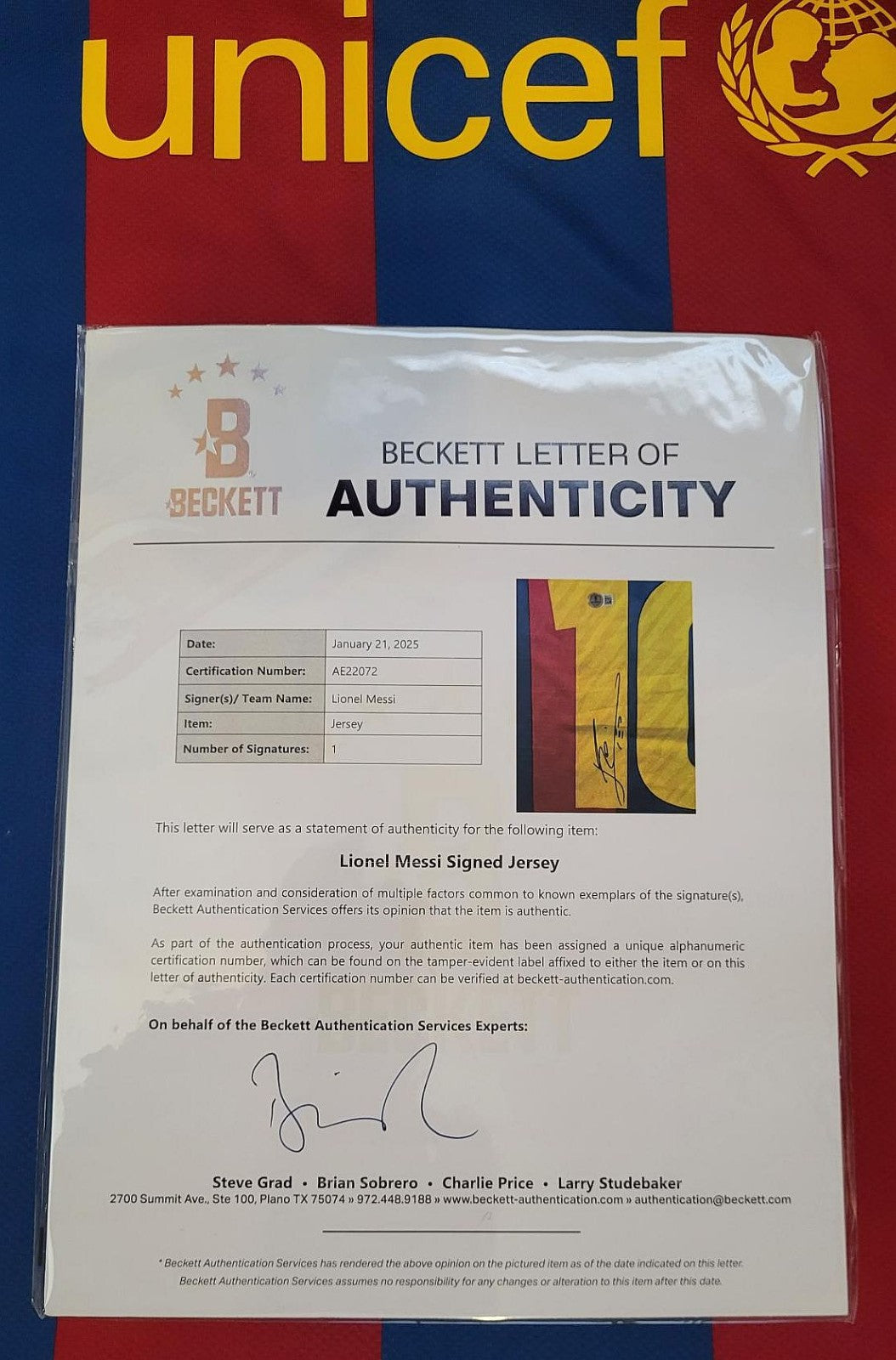 Lionel Messi - signiertes Barcelona Trikot mit COA & LOA (Beckett)