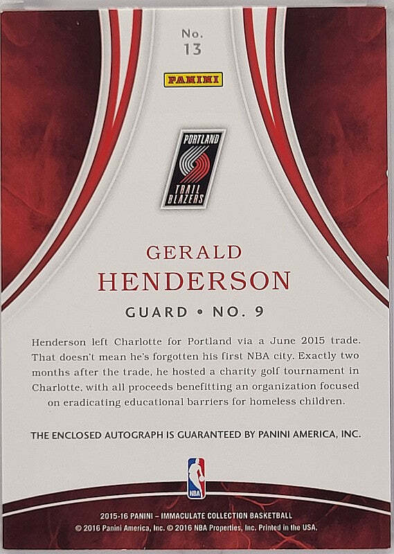 Gerald Henderson - 2015/16 Panini Immaculate - Auto /25